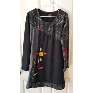 Rising International Large Black Long Sleeve Embroidered Midi Dress. B63